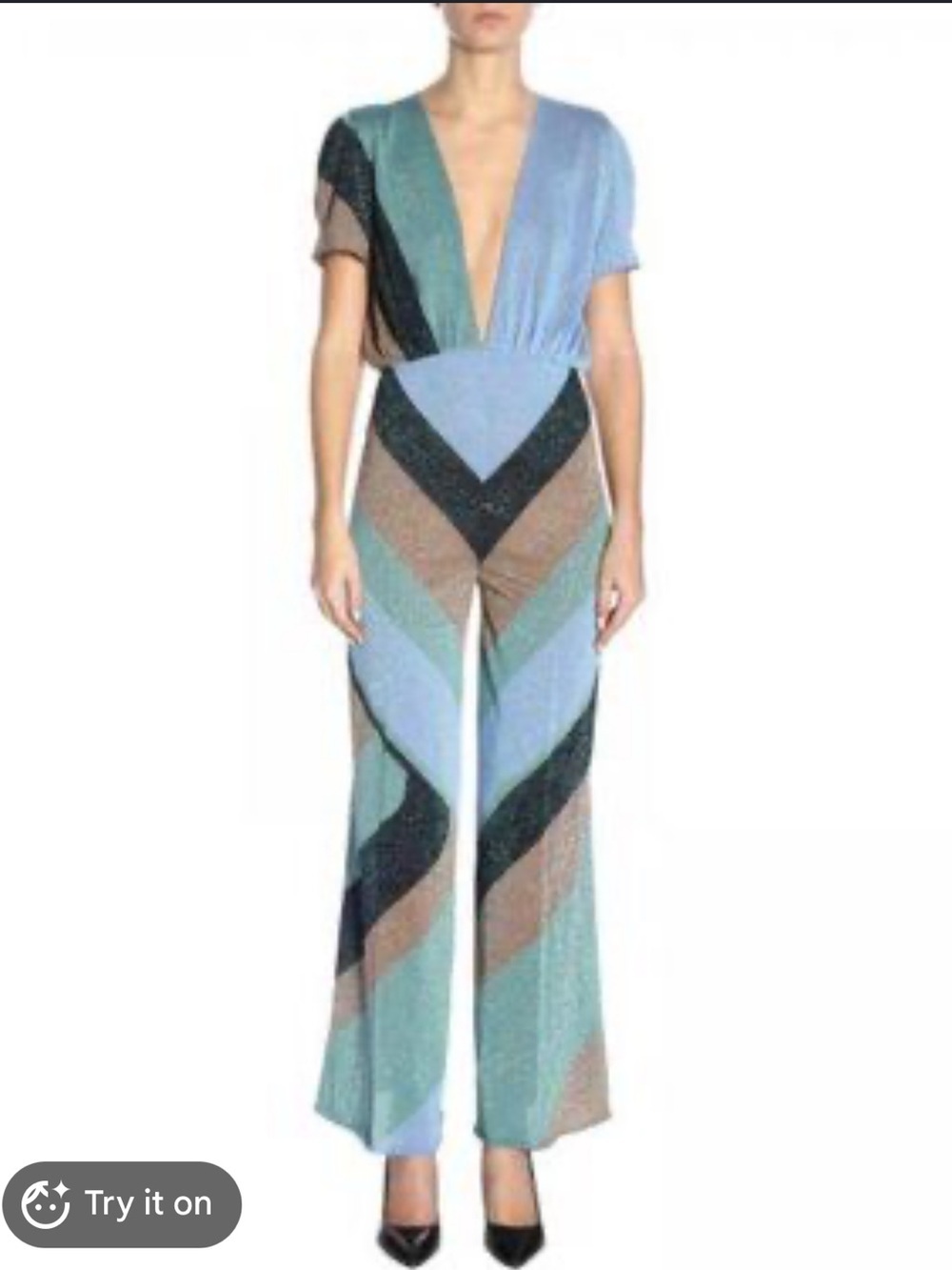 Circus Hotel Chevron Stripe V-Neck Jumpsuit in Blue and Teal, size 38
